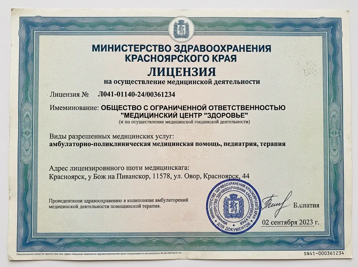 Документ — лицензия Министерства здравоохранения Красноярского края на медицинскую деятельность, официальный бланк с печатью, крупный план
