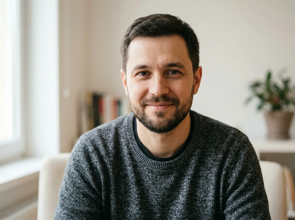 Аватар молодого мужчины, Максим, 36 лет, спокойный нейтральный фон, лёгкая улыбка